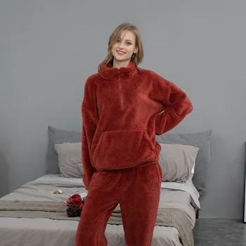 2021 Ženy Flanelové Zime Teplé Pyžamo Dve Dielna Sada Korálov Velvet Sleepwear Žena Veľkosť Oblečenie Pre Voľný Čas