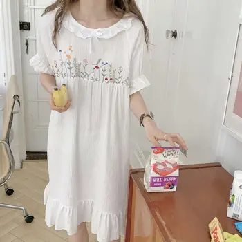 Bavlna Sleepwear Kórejský Štýl Nightdress Ženy Kvetinové Výšivky Nightie Biele Šaty Na Leto 2021 Odev Sladké Nightgown