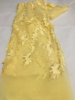 Žltá 3D Kvety, Čipky S Guľôčkami, Vysoko Kvalitné Pletivo Nášivka 3D Kvet Tylu Nigérijský Čipky Textílie Pre Svadobné Party Šaty